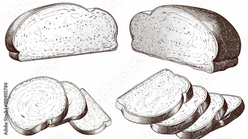 Four sketched sets of sliced bread, two unsliced loaves, in sepia tones, on white
