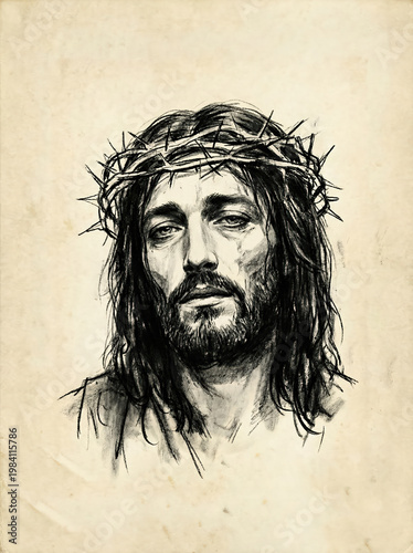 Artistic charcoal drawing of Jesus Christ wearing the crown of thorns, expressive portrait on vintage paper background, concept for Easter and Christian faith. 