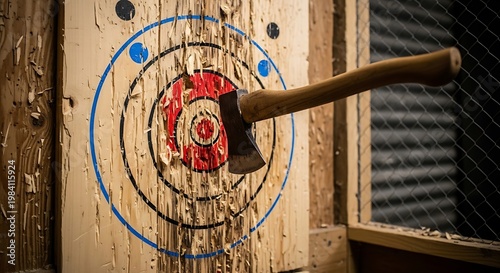 Wallpaper Mural An axe lodged in a wooden target with concentric circles, showing sport activity Torontodigital.ca