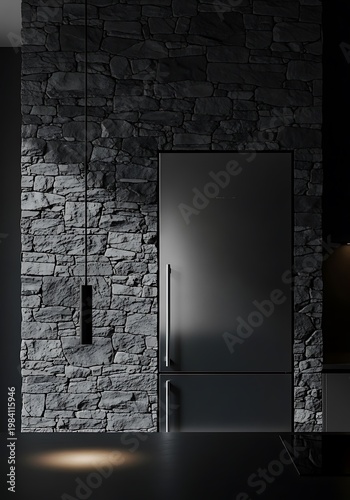 Modern kitchen interior with stone wall and refrigerator.