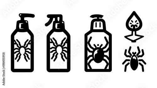 Bold outline illustrations of spider-decorated bottles & abstract arachnid icons on white