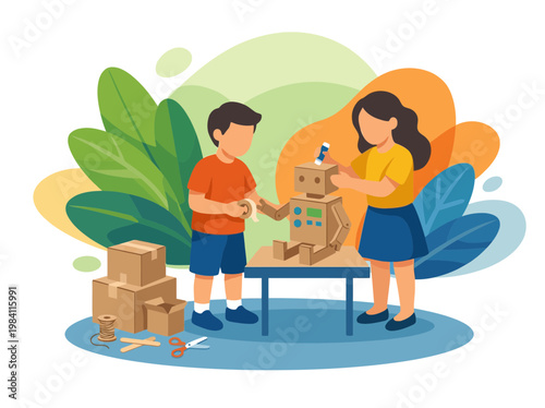 Children building a DIY robot from cardboard boxes