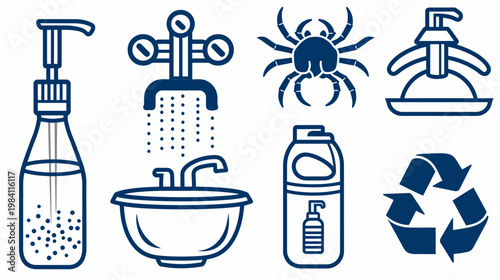 Collection of hygiene themed icons with simple navy outline on a white background
