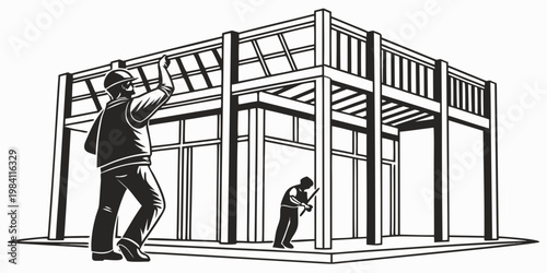 Construction crew building a modern steel frame structure, vector