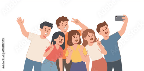 Group of friends taking selfie together outdoors in daytime happily