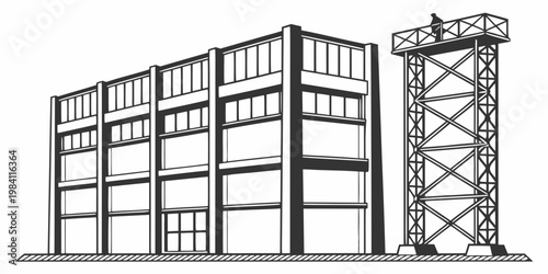 Industrial building and structural metal tower illustration, vector
