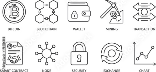 Cryptocurrency and blockchain icons set, bitcoin, mining, exchange