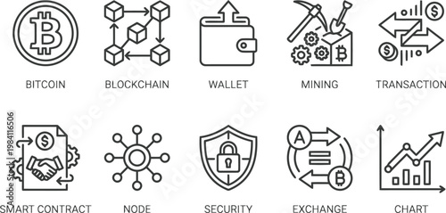 Cryptocurrency icons set including bitcoin, blockchain, wallet, mining, transaction, smart contract, node, security, exchange, chart
