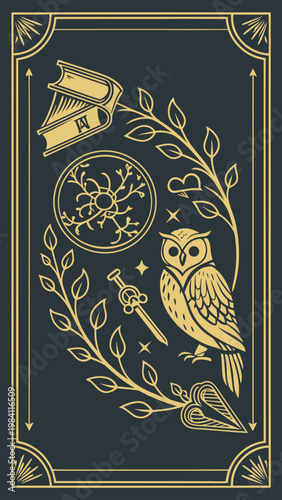 Occult tarot card with owl and magic book, vector