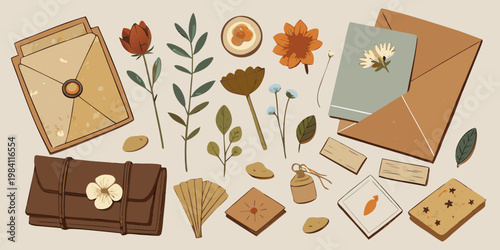 Collection of vintage stationery and botanical elements, vector