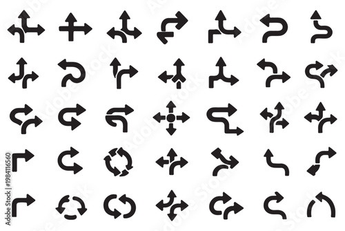 Road or way direction arrows isolated set. Collection of black road direction signs. Road navigation arrows. Traffic route. Vector illustration