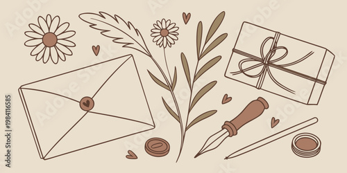 Vintage stationery and floral elements collection, vector