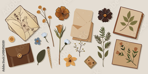 Vintage botanical stationery set with floral paper and envelopes, vector