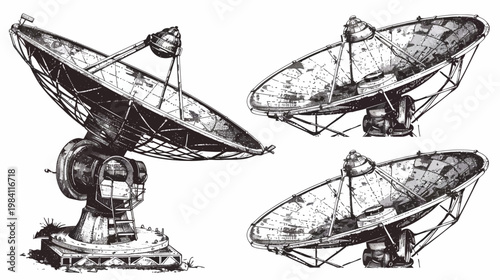 Illustration of four old, distressed satellite dishes pointing in various directions
