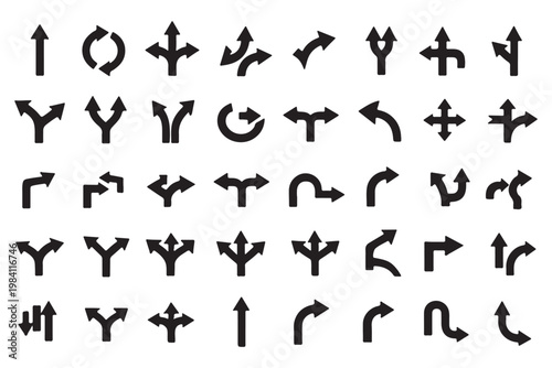 Road or way direction arrows isolated set. Collection of black road direction signs. Road navigation arrows. Traffic route. Vector illustration