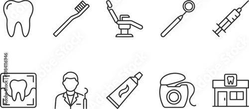 Dental care icons set including tooth, toothbrush, chair, syringe, dentist, and clinic