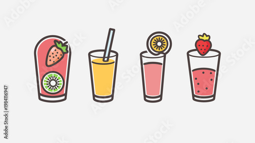 Four cartoon style fruit drink glasses with various fruit garnishes and straws