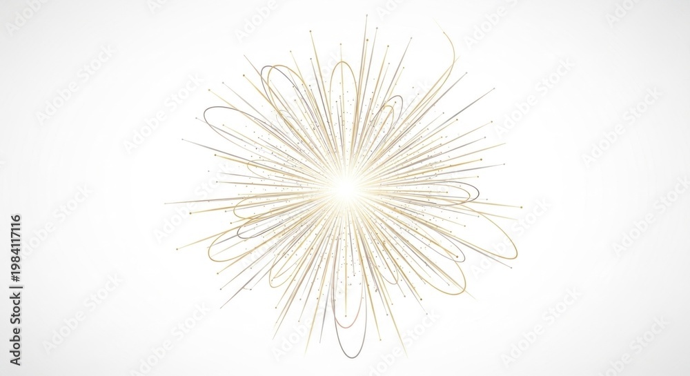 Obraz premium A golden starburst with a central point of light, surrounded by a network of golden lines and dots, against a white background.