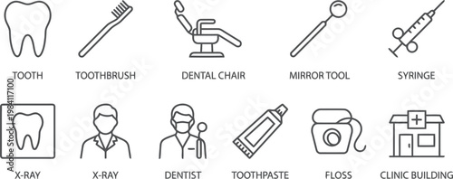 Dental care icons set, tooth, toothbrush, dentist tools