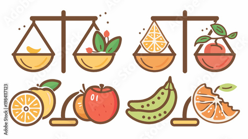 Cartoon scales show fruits in balance. An illustrative and stylized depiction