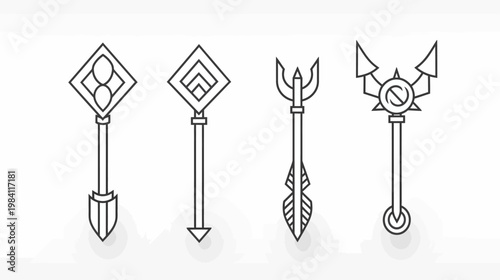 Four stylized scepters with unique tops sit on a white surface in a black-and-white illustration