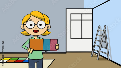 Woman holding colour sample in an empty room with a ladder
