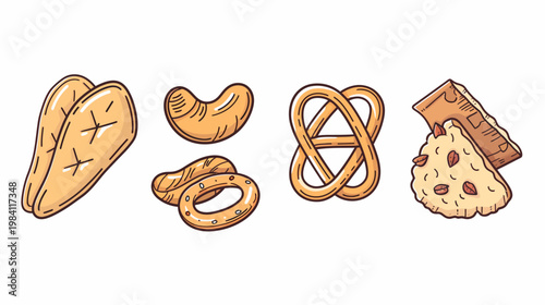 Hand-drawn snacks illustration featuring baked pastries, nuts, and cheese on white