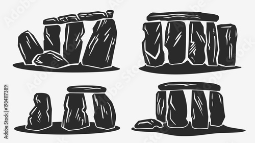 Four rough sketches of rock formations, silhouetted against a light background