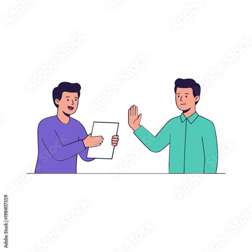 Two men interact with one holding paper and other gesturing stop