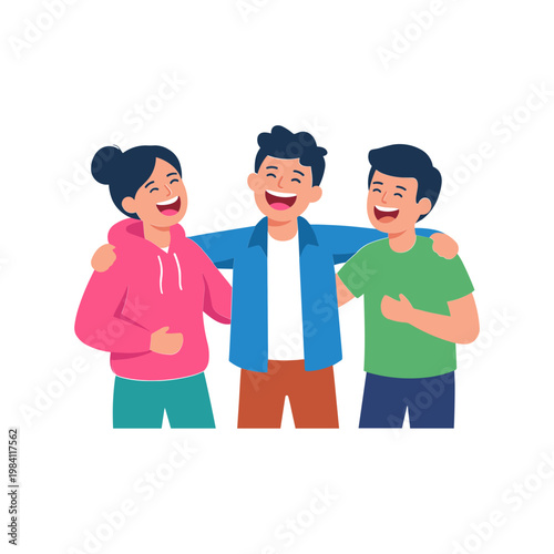 Three friends laughing together outside on a sunny day smiling