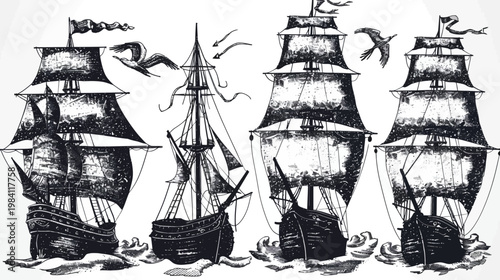 Vintage monochrome sketch of sailing ships on stormy seas, with birds flying above