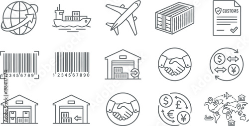 International trade and logistics icons set