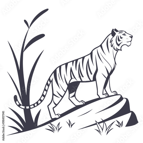 Bengal tiger illustration standing on a ledge with tall grass line art, big cat