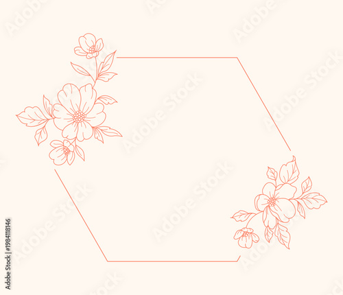 Floral polygon hand drawn style. Floral red frame of twigs, leaves and flowers. Frames for Valentine’s Day, wedding decor, logo and identity template.