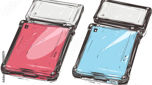 Two stylized flip phones with open covers, one red and one blue, on a white backdrop