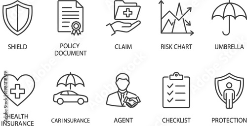 Insurance icons set, protection and security symbols