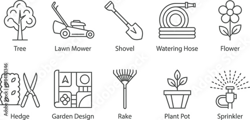 set of gardening tools and icons