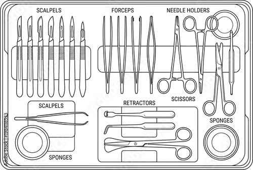 Surgical instruments tray tool medical line art vector illustration