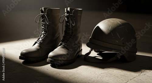 Military boots and helmet on concrete floor