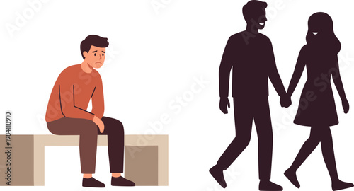 A man sits on a bench watching a couple walk hand in hand.