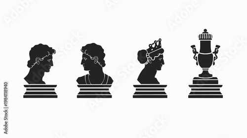 Silhouette statues of classic busts and vase, isolated on white background in black