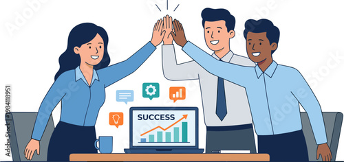 Three colleagues celebrate success with a high-five gesture in an office.