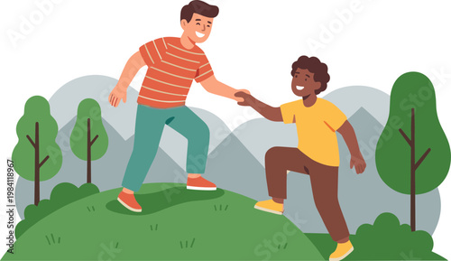 Two men helping each other on a green hill with trees