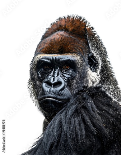 A close-up portrait of a majestic gorilla looking directly at the viewer