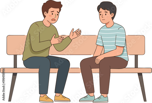 Two men sitting on a bench talking and gesturing in an outdoor setting