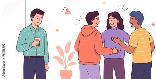 Four diverse people interact socially in an indoor setting with plants