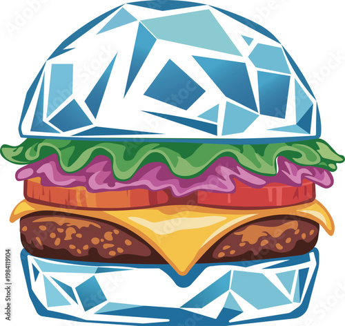 Creative Ice Burger Vector Illustration, Frozen Burger Concept with Crystal Bun Design