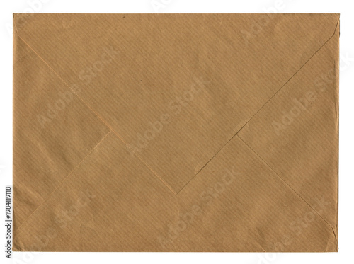 Top view of closed brown kraft mail envelope on white