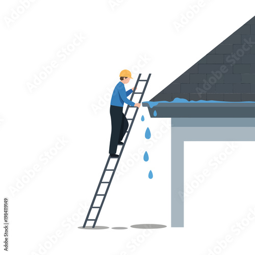 Worker on ladder inspecting and repairing a leaky roof gutter system