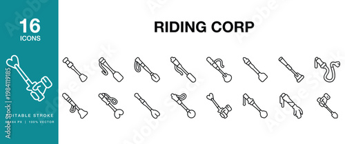 Riding Crop icon set. Includes ridingcrop, crop, whip, equestrian, horse, riding and More. Editable Stroke Icon Collection.